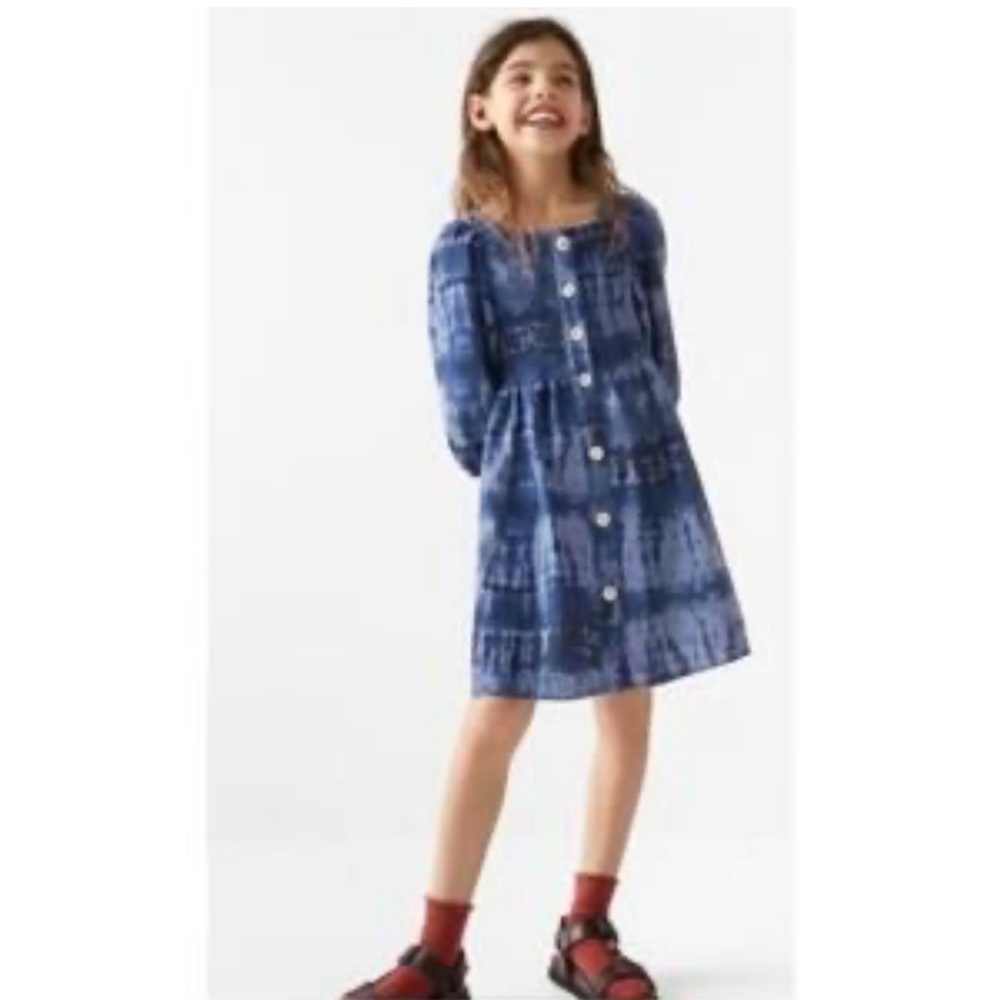 Zara Girls Blue Tie Dye Dress Size 6 Button Front Boho Cottagecore Denim Look